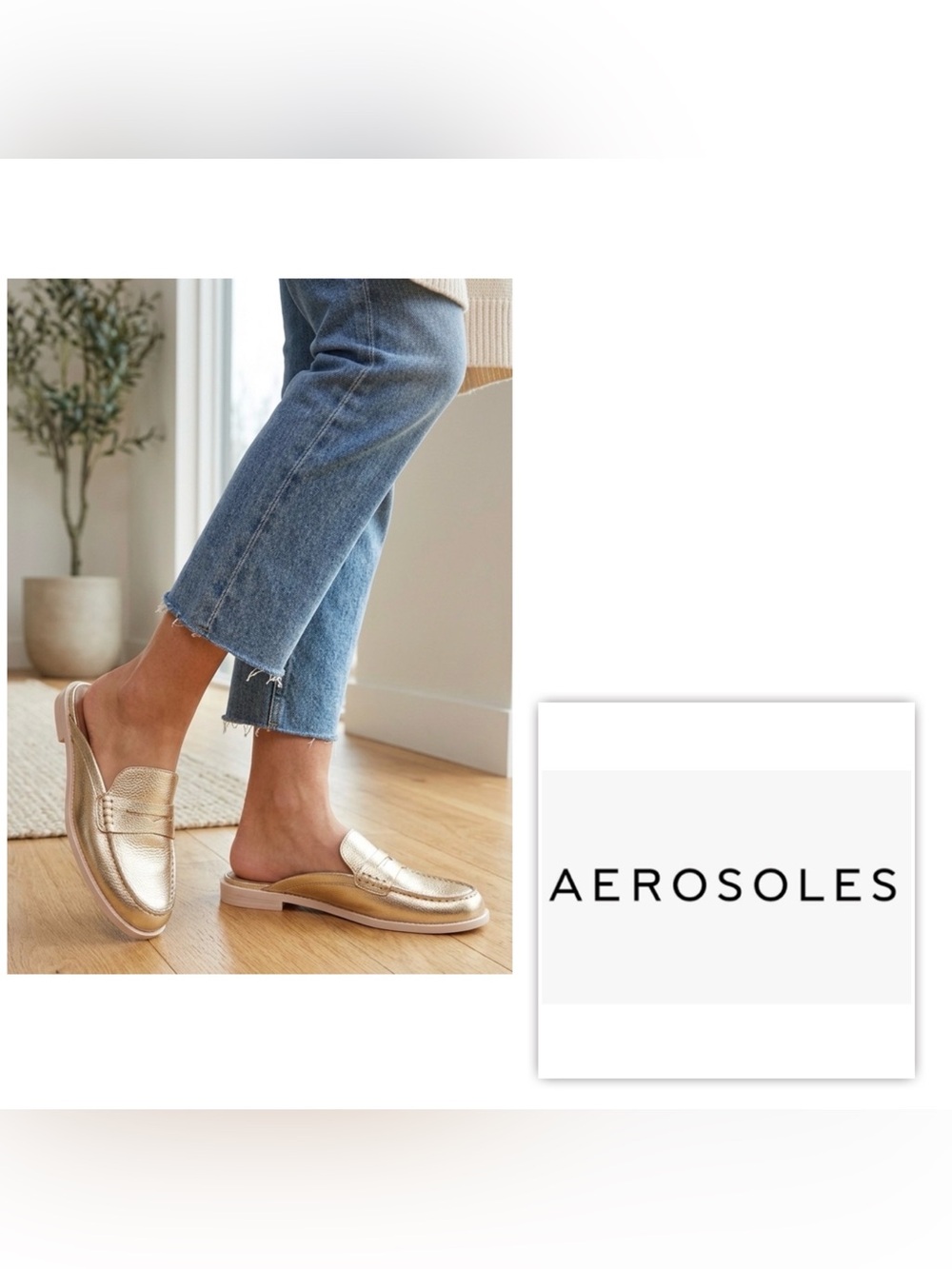 NWOB Aerosoles Women 8.5 fits 8 Modern Metallic Gold Slip-On Shoes Mules Flats